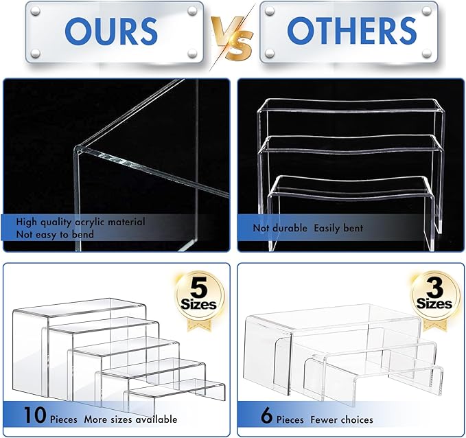 Aheroi Large Acrylic Risers, 10 Pcs 2 Set(7”L~8”L~9”L) Riser Display Shelf, Clear Rectangular Display Stands Set, Transparent Shelves for Decor, Showcase Holder for Cupcake