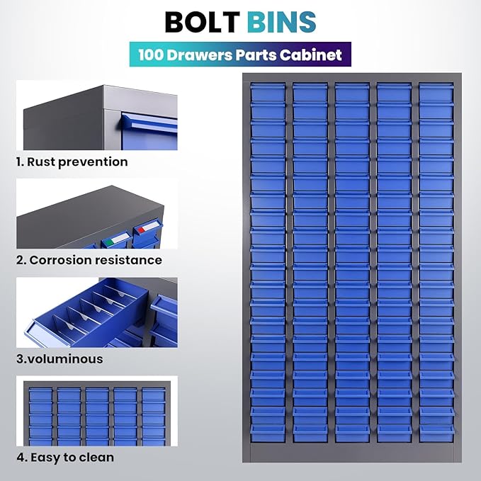 100 Drawers Nut and Bolt Organizer, 46" H x 26" D x 9" W Bolt and Nut Tool Storage Cabinet with Acrylic Adjustable Shelves & Label Stickers, Alloy Steel Parts Cabinet for Workshop Garage Organizer