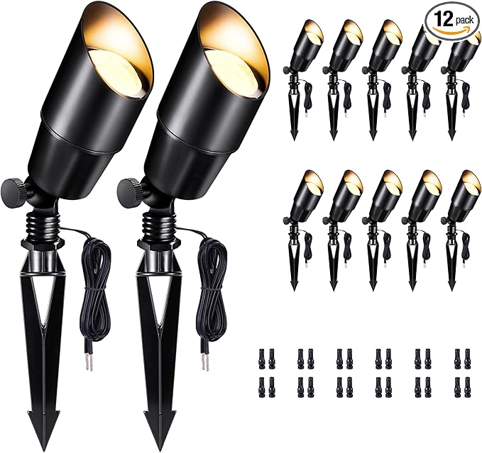 Outdoor Lighting, Black LED Landscape Spotlight, Low Voltage, Waterproof Aluminum Fixture for Lawn, Sign, Home Without MR16 Bulb 12 Pack