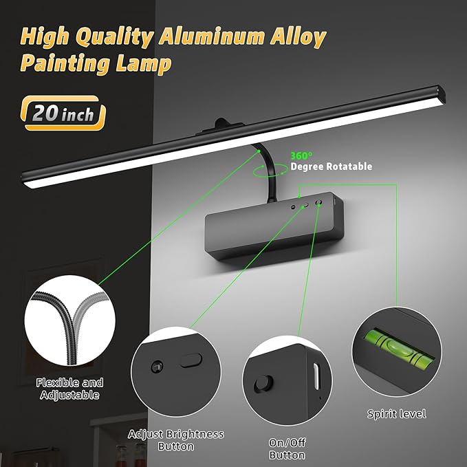 Lightbiz Picture Light, 20inch 6000mAh Rechargeable Picture Lights for Wall Battery Operated Wall Lights with Remote, 3 Colors Paintings Light Dimmable Art Light for Artwork, Gallery (Black)