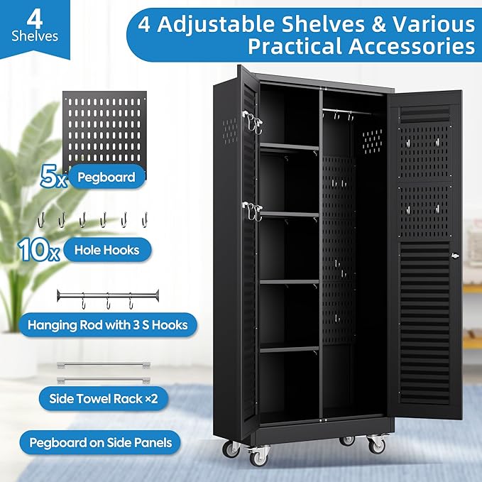 Aobabo Broom Closet Storage Cabinet,Lockable Garage Storage Cabinet with 4 Adjuatable Shelves,Required Assembly,Black,70.87''H*31.5''W*15.75''D