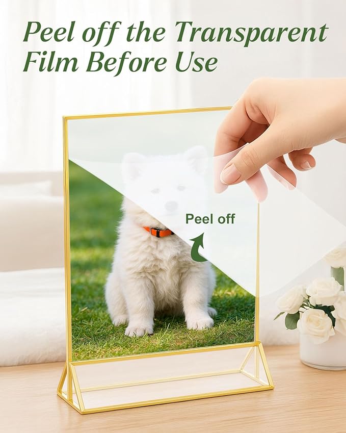12 Pack Gold Acrylic Sign Holders 4x6, Double Sided Vertical Stand Clear Picture Frame Stands, Menu Flyer Holder for Wedding Table Numbers, Restaurant Signs, Party and Office Photos