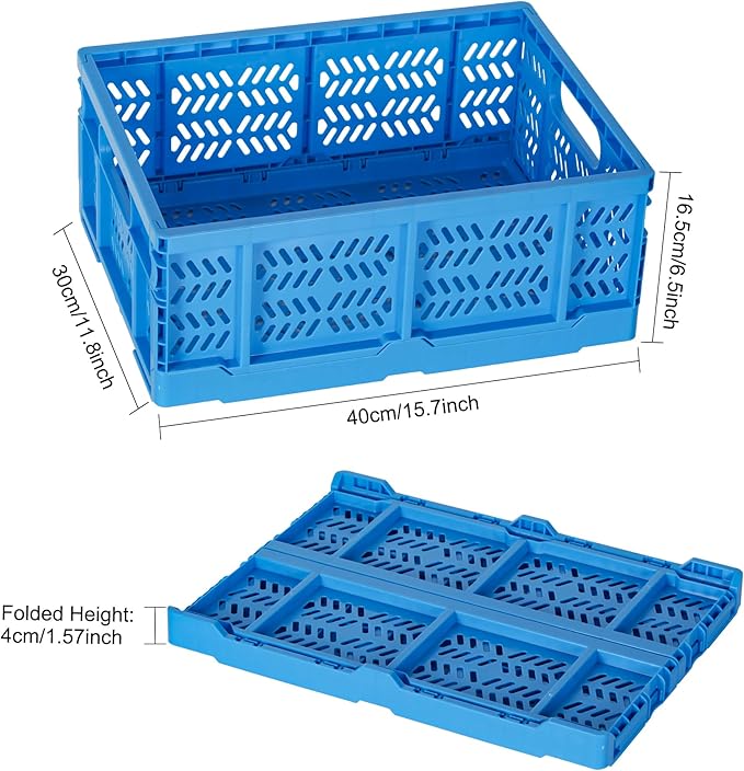 Heavy Duty Plastic Milk Crates for Storage, 4-Pack Stackable Storage Bins for Organizing, Collapsible Storage Basket with Handle for Groceries, Suitable for Home Office School Store, Blue