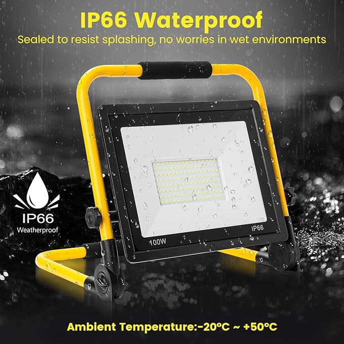 Waterproof Portable Flood Light 100W 10000 LM LED Work Light with 16.4FT Cord, Job Site Lighting for Workshop Garage Construction Site, Aluminum Outdoor/Indoor Work Lamp