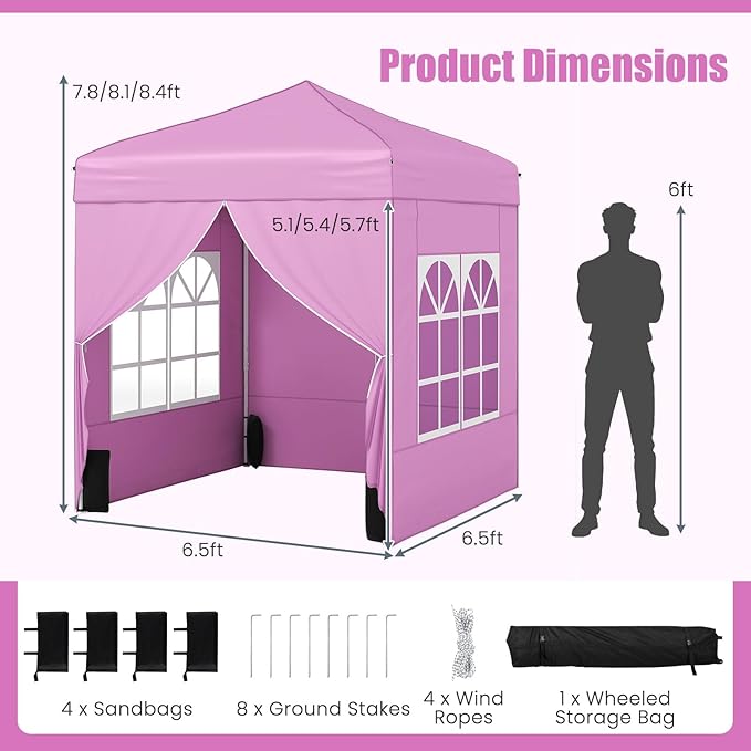Tangkula 6.5x6.5 FT Pop Up Canopy, UPF50+ Outdoor Canopy Tent with 2 Removable Sidewalls, 2 Zippered Doors, Heavy-Duty Carbon Steel Frame, Wheeled Bag, 4 Sandbags, 8 Stakes, 4 Wind Ropes (Pink)