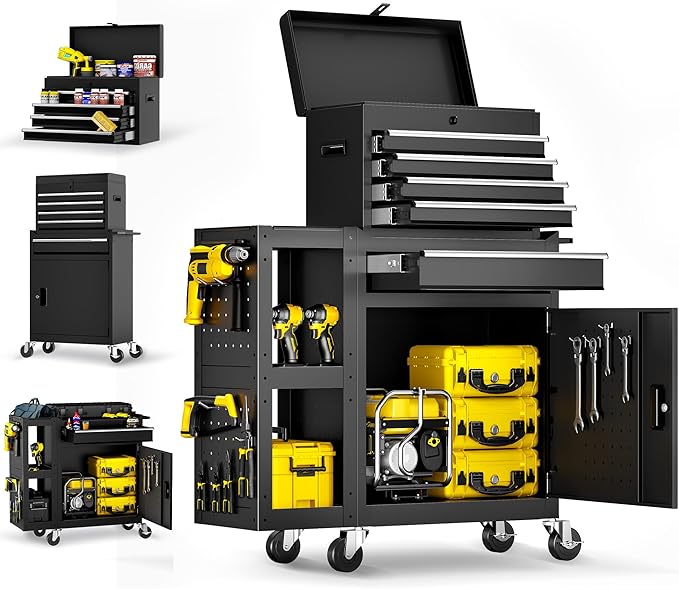 SILVEL 5-Drawers Rolling Tool Chest, Assembled Tool Box with Auto Locking System & Lockable Wheels & Sliding Drawers & Detachable Top, Tool Storage Cabinet for Garage Workshop