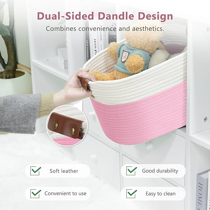 Cotton Rope Basket, Storage Baskets with Handle, 15x10x9 Inch Woven Basket for Shelves, Laundry, Towels, Clothes, Books (White/Pink 2Pack)
