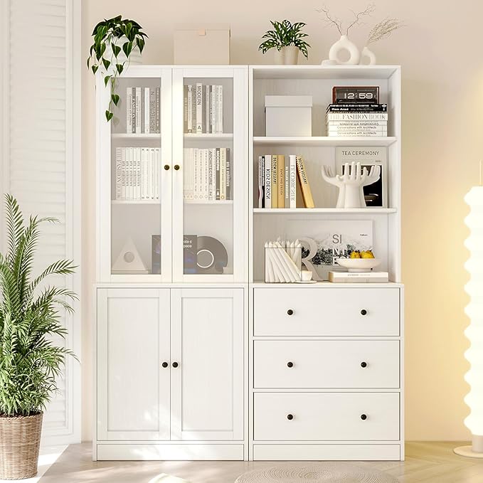 TUSY 71" H Bookshelf Bookcase with Doors, 3-Tier Modern Bookshelves with 3 Large Drawer, Display Bookcase with Glass Doors, Modern 5-Tier Curio Cabinet for Home Office, Dining Room (White, AB)