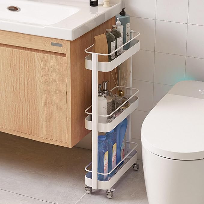 Rolling Storage Cart, 3 Tier Bathroom Organizer Mobile Shelving Unit, Metal Utility Cart Tower Rack for Kitchen Laundry Narrow Places(Fully Assembled Furniture, White)