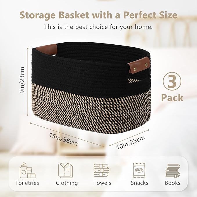 Cotton Rope Basket, Storage Baskets with Handle, 15x10x9 Inch Woven Basket for Shelves, Laundry, Towels, Clothes, Books, (Black Brown 3 Pack)