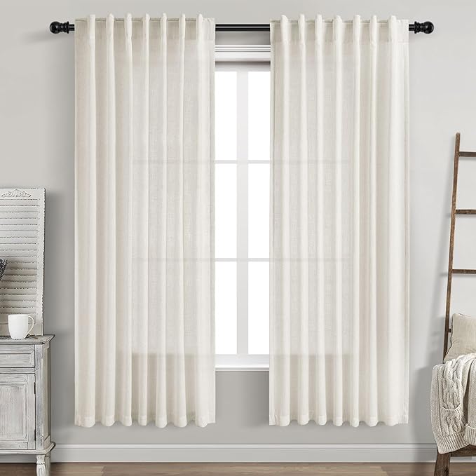 Nanspring Cream White Linen Curtains 70 Inch Length 2 Panels Set for Living Room Back Tab Pocket Window Curtain Drapes Neutral Rustic Farmhouse Decor Ivory Dining Room Curtain 70 Inches Long