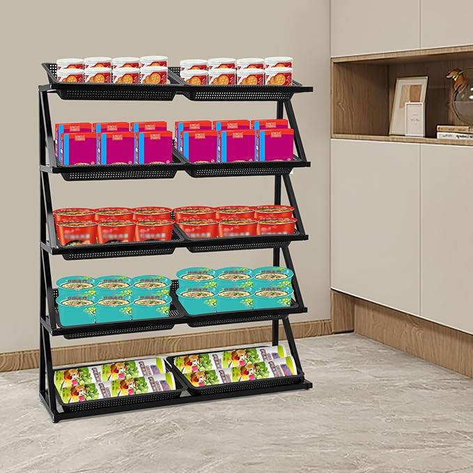 5 Tiers Retail Display Rack, Large Capacity Market Shelf Fruit and Vegetable Basket Stand Rack Set for Kitchen, Office, Store, Supremarket Utility Storage Shelves