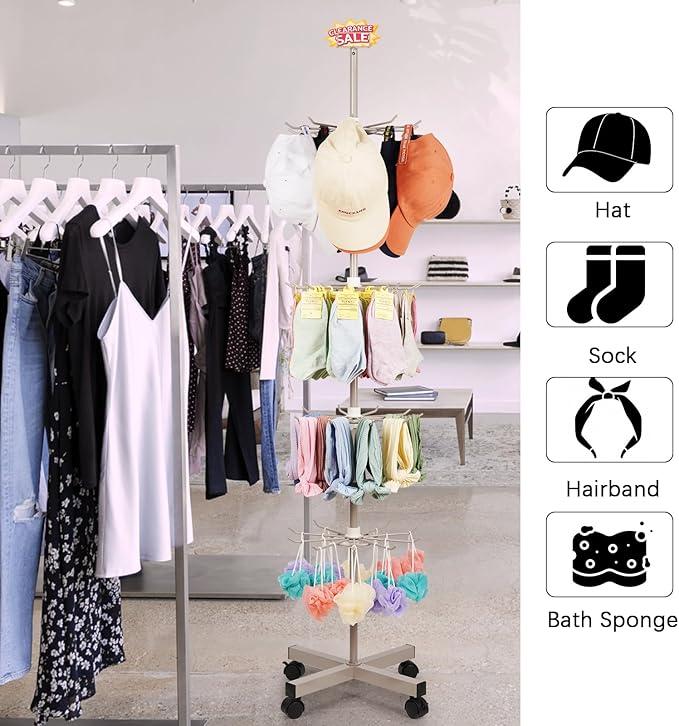 Retail Display Stand Store Display Rack 5 Tier Metal Spinning Display Stand Rack with Wheels Keychain Jewelry Stocking Hat Display Stand with Hooks for Malls, Showroom, Retail Store (Grey)