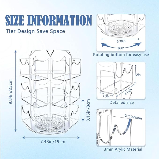Spinning Sticker Display Stand for Vendors, 3 Tier 9 Pockets Acrylic Rotating Sticker Holder for 4'' Large Stickers, No Assembly Required Business Card Organizer Rack for Tabletop Office Home Desk