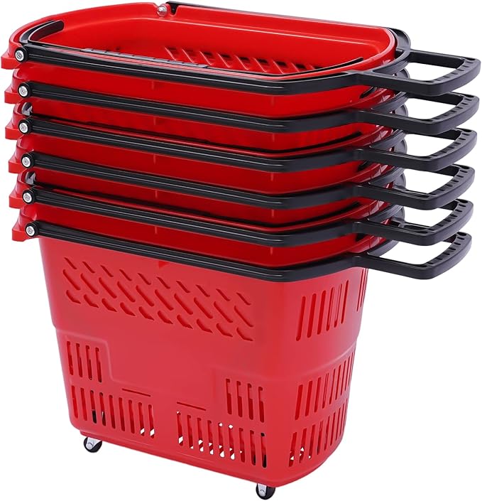 12PCS Plastic Shopping Basket with Handles & Wheels, 35L Rolling Shopping Carts, Grocery Basket with 4 Wheels and Handle, Portable Shopping Baskets for Retail Stores, Supermarkets (12PCS - Red)