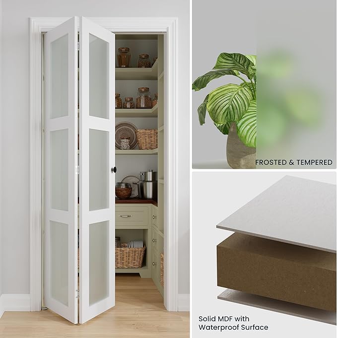 Bifold Doors for 24" x 80" Opening, 3-lite Tempered Frosted Glass Closet Folding Doors with Hardware kit Included, Easy Assembly, White