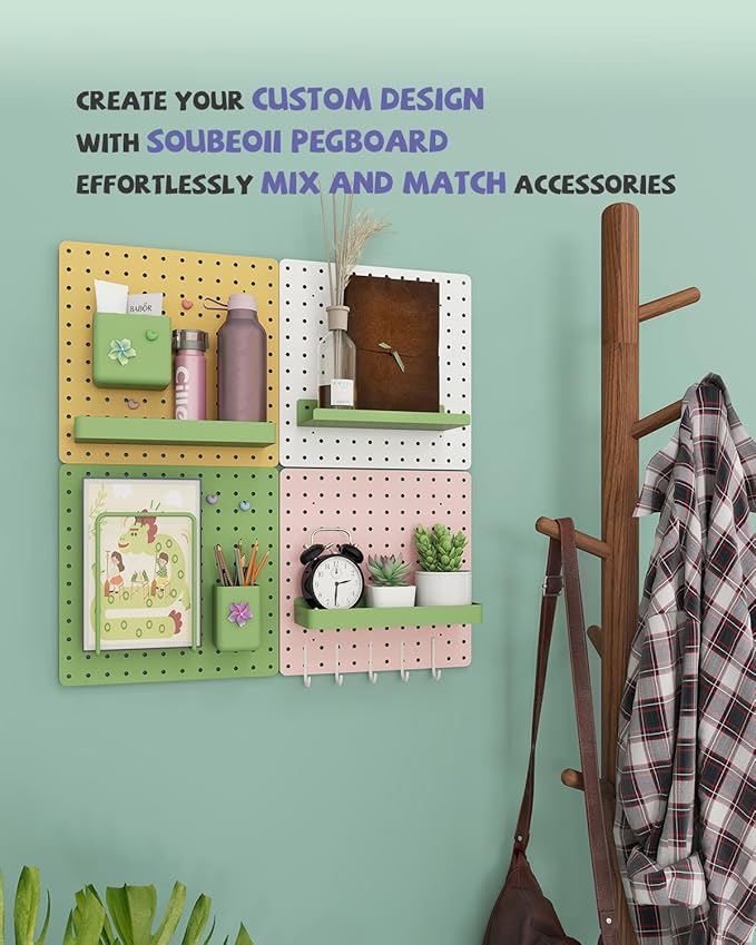 Metal Pegboard Combination Kit — 4 Carbon Steel Pegboards with 26 Accessories, Pegboard Wall Organizer for Home, Office, Study Room, Kitchen, Garage & Craft Room — 24″ × 24″ White Peg Board