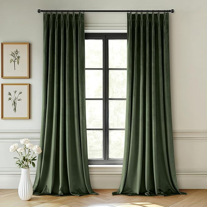 MIULEE Olive Green Velvet Curtains 90 inches Long, Pinch Pleated Blackout Drapes with Hooks, Thermal Insulated Pinch Pleat Panels for Bedroom Living Room, 2 Panels