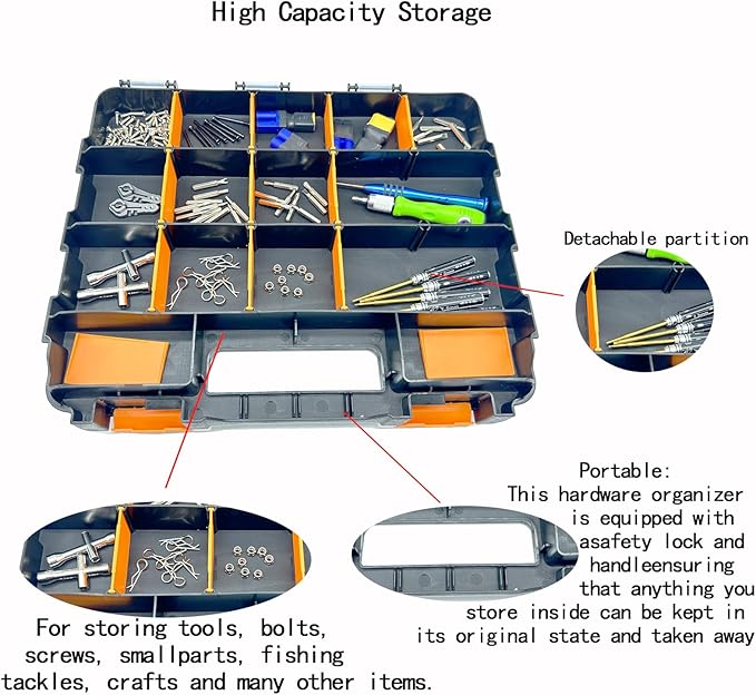 Small Parts Tool Box, RC Hardware Organizer Box Adjustable Compartments Removable Dividers for Hardware, Screws, Nuts, Bolts, Washers, Nails, Fasteners, Tools