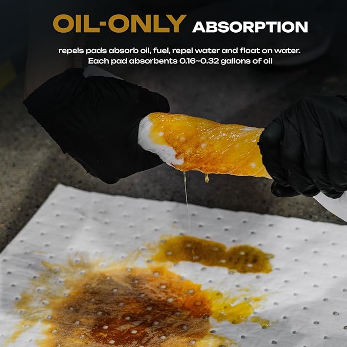 Oil Absorbent Pads | 16"x20" Oil-Only Spill Mat 100-Pack | Industrial Spill Control for Oil & Fuel(32 Gal/Box) | Repels Water Absorbing Sheets