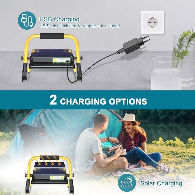 ERAY LED Construction Spotlight, Work Light 8000LM 13500mAh LED Work Light 2 Charging Methods / 4 Modes/Power Bank/Remote Control/Timer / 70 LED, Solar Construction Light for Camping
