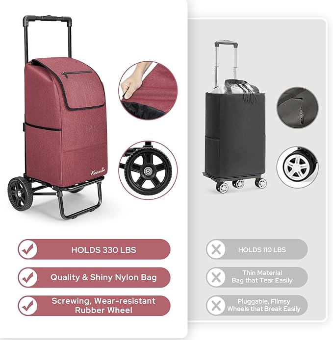 KEDSUM 2 in 1 Shopping Cart for Groceries, 330 lbs Grocery Cart on Wheels, Foldable Utility Carts with Wheels, Load-Bearing Hand Truck with Waterproof Bag for Shopping, Camping, Laundry, Garden, Red