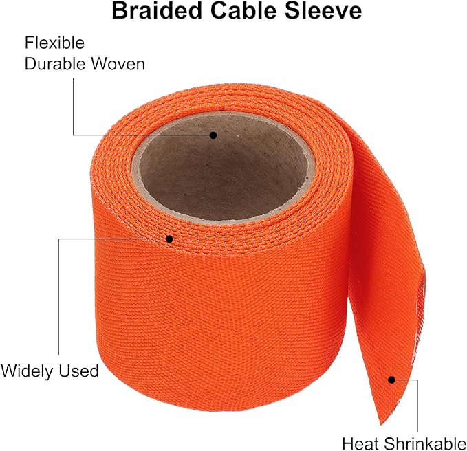 MECCANIXITY Braided Cable Sleeves Heat Shrinkable Fabric Sleeving, 2" 10ft Orange 2:1 Ratio Heat Shrinkable Cord Protector for Harness Cable, Network Cable Protection, Cable Management