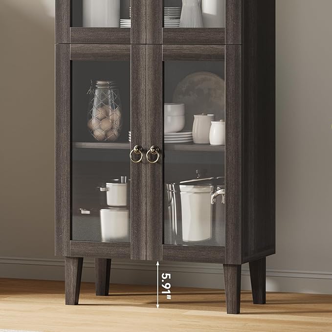 71” Tall Arched Pantry Cabinet with Glass Door, Display Cabinet Organizer, Versatile Pantry with Top-Opening Storage Container for Living, Kitchen Dining Room, Black