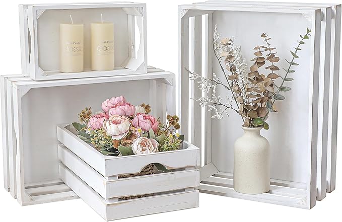 Set of 4 Large Wooden Decorative Storage Crates, Whitewashed Nesting Wooden Crates for Display Rustic, Farmhouse Wood Storage Container Boxes Made from 100% Wood
