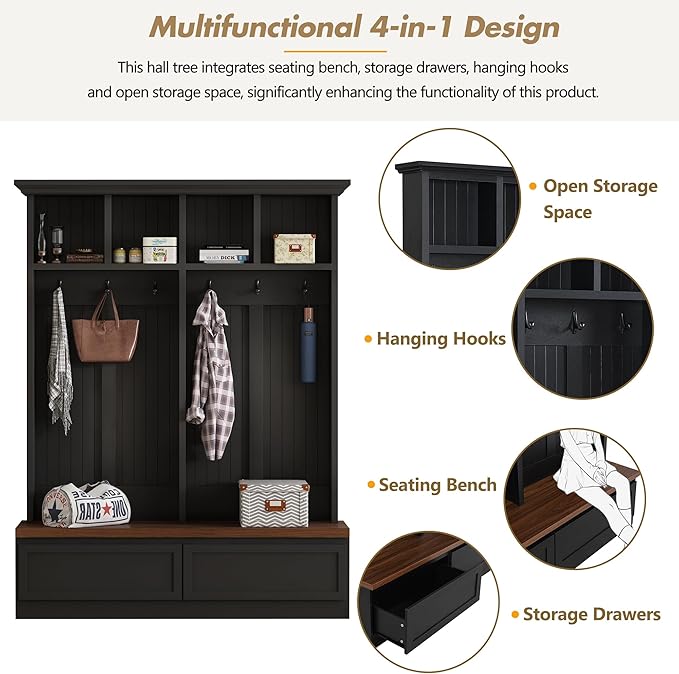 Merax Farmhouse Wood Hall Tree with Bench and Storage Drawers, 4-in-1 Coat Rack with 6 Hooks for Entrance, Hallway Black