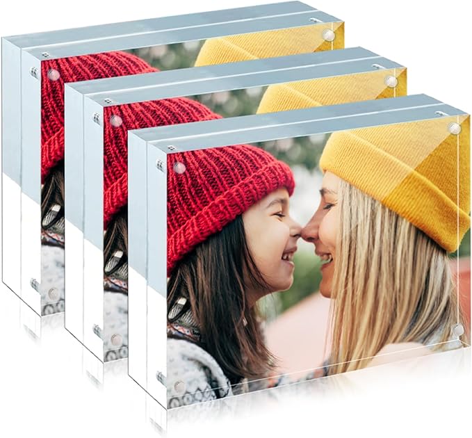 ILYXY 3 Pack Acrylic Frame 5x7, 20% Thicker, 24mm Thick Frameless Clear Picture Frame, Double Sided Magnetic Photo Frame, Free Standing Desktop Display Stand Acrylic Picture Frames