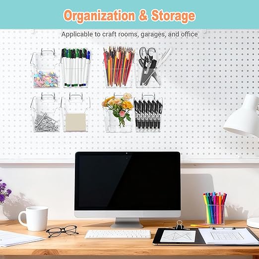8 Pack Large Pegboard Bins with Hooks, Square Box Shape Peg Board Cups and Peg Board Accessories for Craft Room, Playroom, Office, Garage, and Wall Mount Organization