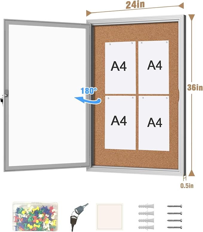 Mifuro 36"x24" Enclosed Bulletin Board, Outdoor Lockable Weather-Resistant Aluminum Cork Noticeboard for School & Office, Silver Frame w/Cork