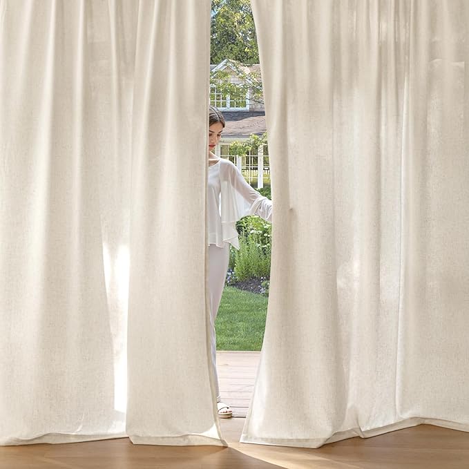 MIULEE Non-See-Through Privacy Linen Curtains 2 Panels, Light Filtering Window Curtains Farnhouse Textured Back Tab Semi Sheer Drapes for Bedroom Living Room, 52 x 63 Inches Long, Ivory