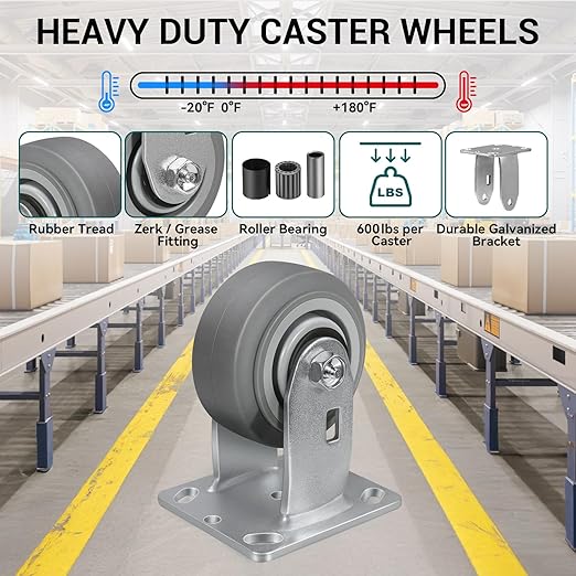 4'' × 2'' Caster Wheels, Heavy Duty Industrial Casters, Rubber Wheels with Roller Bearing, Load 600lbs per Swivel Caster for Cart Dolly Toolbox Trolley (2 Rigid)