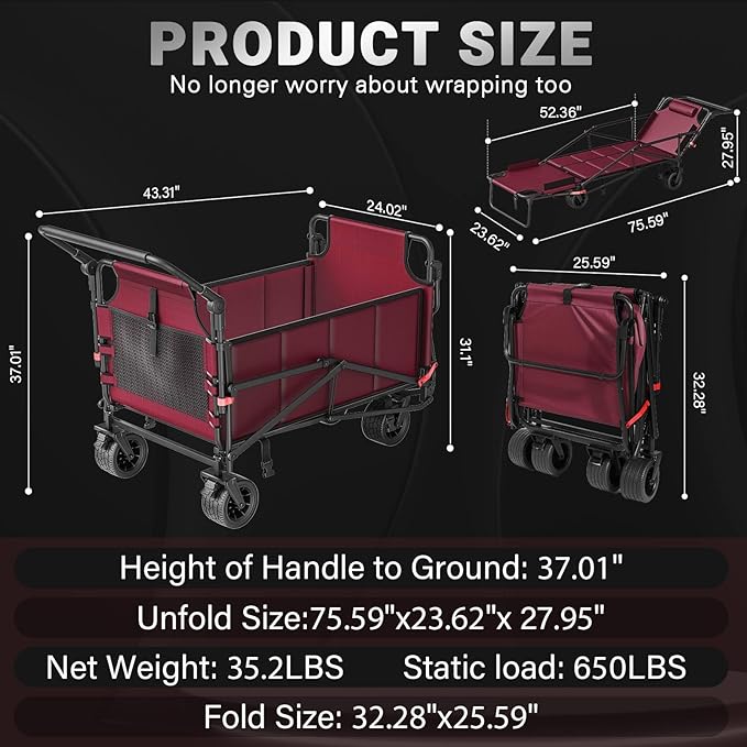 LEVELEVE Heavy Duty Folding Wagon - 2-in-1 Collapsible Cart, 650lb Capacity, All-Terrain Wheels w/Brakes & Side Pockets (Red)