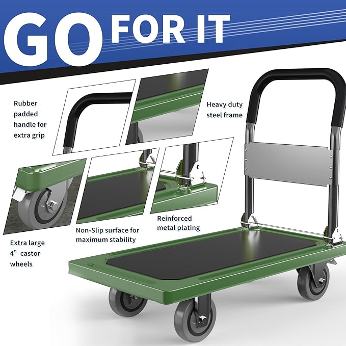 Upgraded Foldable Push Cart Dolly | 680 lbs. Capacity Moving Platform Hand Truck | Heavy Duty Space Saving Collapsible | Swivel Push Handle Flat Bed Wagon - Green