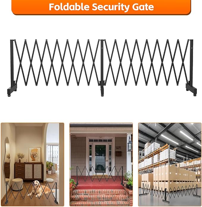 16 FT Industrial Metal Expandable Barricade，Retractable Traffic Fence with Casters, Folding Security Gate，Portable Barricade Gate for Construction Area, Traffic Control, Cordon(Black）