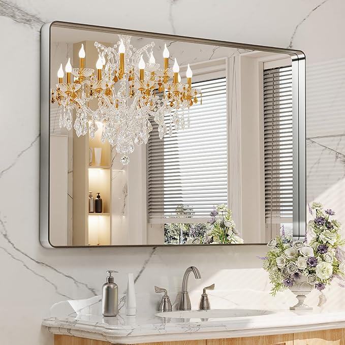 LOAAO 48X30 Inch Brushed Nickel Bathroom Mirror, Rounded Rectangle Silver Metal Frame Mirror, Brushed Nickel, Anti-Rust, Shatter Proof, Hangs Horizontally or Vertically
