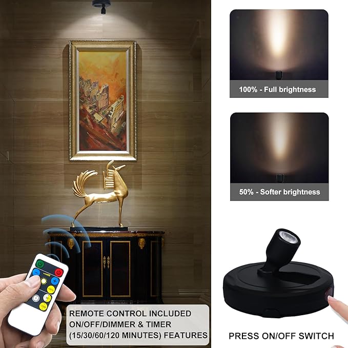 LED Spotlights, Battery Powered Picture Lights, Uplighting Indoor, Puck Light with Remote, Plant & Wall Art Display Dartboard Closet Spotlights, Black