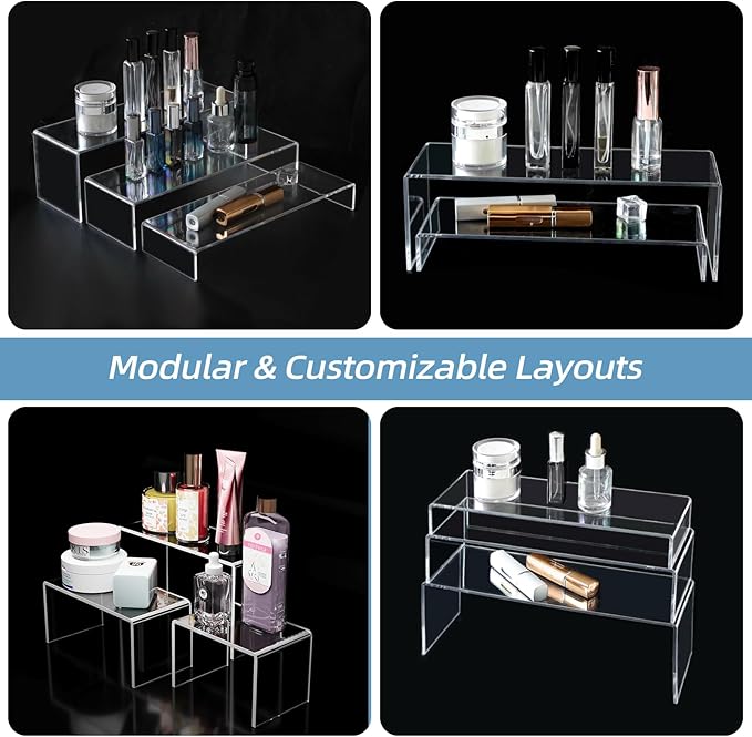 6PCS Acrylic Display Risers, 12'' Large Acrylic Risers Display Stands,Tiered Shelves for Gemstone, Curio, Figurines, Collectibles and Home Deco
