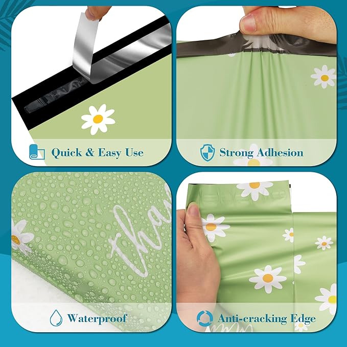 JinRuiKJ Poly Mailers with Handle 10x13 Inch 100 Pcs, Easy to Carry Packaging Bags for Small Business, Thank You Shipping Bags with Self Adhesive Strip, Tearproof and Waterproof - Chrysanthemum