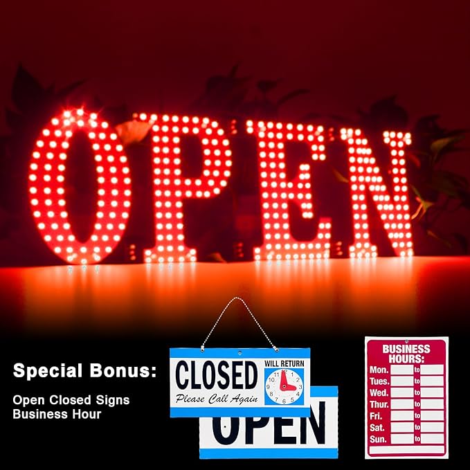 40"x14" Large LED Open Signs for Business Super Bright Unique Design Red Open Sign with Hanging Installation for Window Stores Bar Hotel Retail Shops Salon Restaurant Office