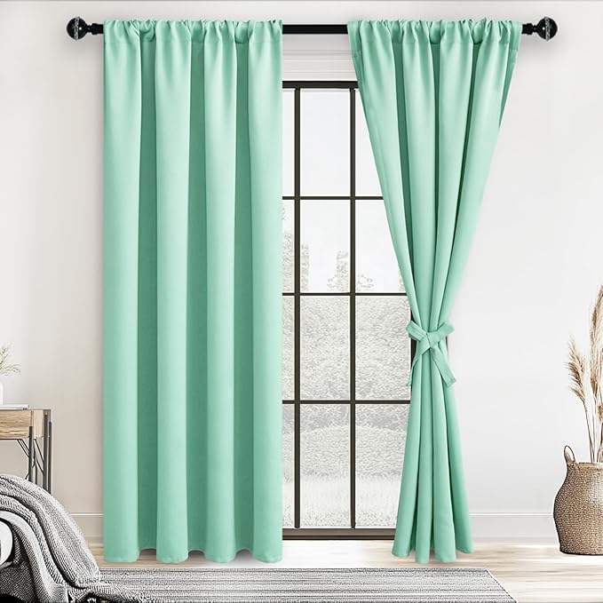 JIUZHEN Blackout Curtains for Bedroom– Thermal Insulated,Noise Reducing Room Darkening Privacy Drapes for Living Room, Set of 2 Panels with Tiebacks, 42 x 72 inch Long, Mint Green