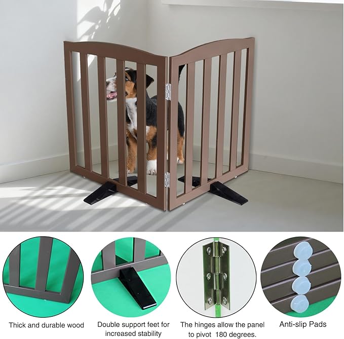 Freestanding Dog Gate Indoor,Doggie Gate Foldable Pet Gates for Doorways,Stairs or Hallways, Wooden Brown Pet Gate for The House, Pet Fence with Support Feet Included,32 "Height-2 Panels