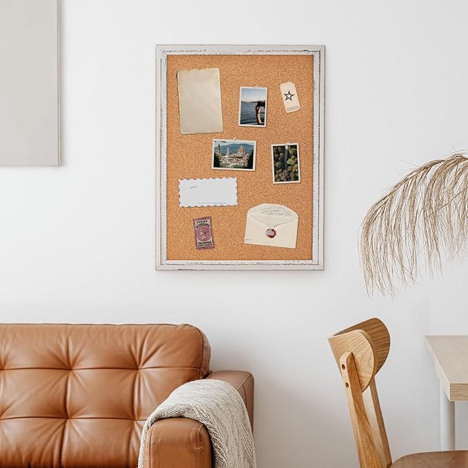 DOLLAR BOSS White Cork Board for Wall - 24 X 18 Inches, Rustic Wooden Frame Bulletin Board, Decorative Hanging Pin Board for Office & Home Decor