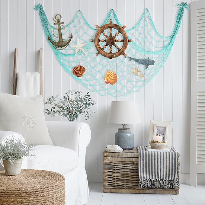 2 Pack Decoractive Fishing Net 80x40 Inch, 3mm Thickness Light Blue Natural Cotton Large Picture Wall Hanging Fish Net, Party Decorations Fishnet for Nautical Pirate Beach Mermaid Themed Party
