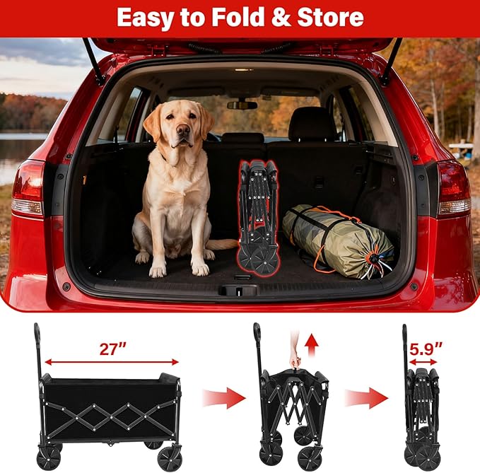 Wagons Carts Foldable Collapsible Wagon with Wheels — Folding Utility Wagon Cart Portable for Camping,Sports,Groceries,Apartment & Travel | Collapsible Wagon for Storage & Shopping,360lbs,Black