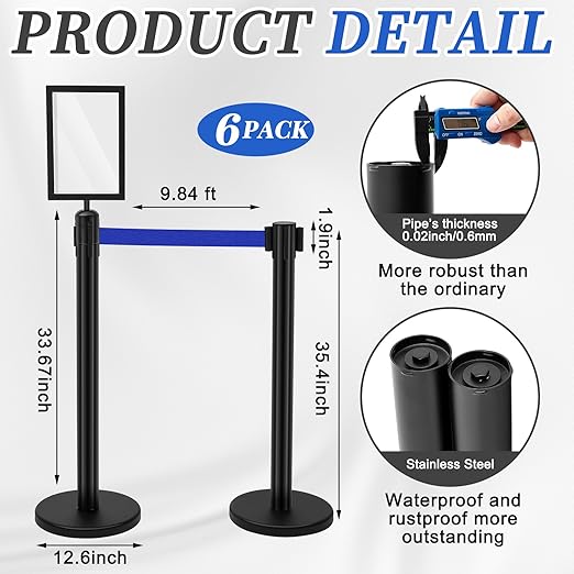 Therwen 6 Pack 9.8 ft Heavy Duty Crowd Control Stanchions Stainless Steel Stanchion Set with 6 Safety Barrier Post with Retractable Blue Belt and 1 Sign Holder Crowd Control Barrier
