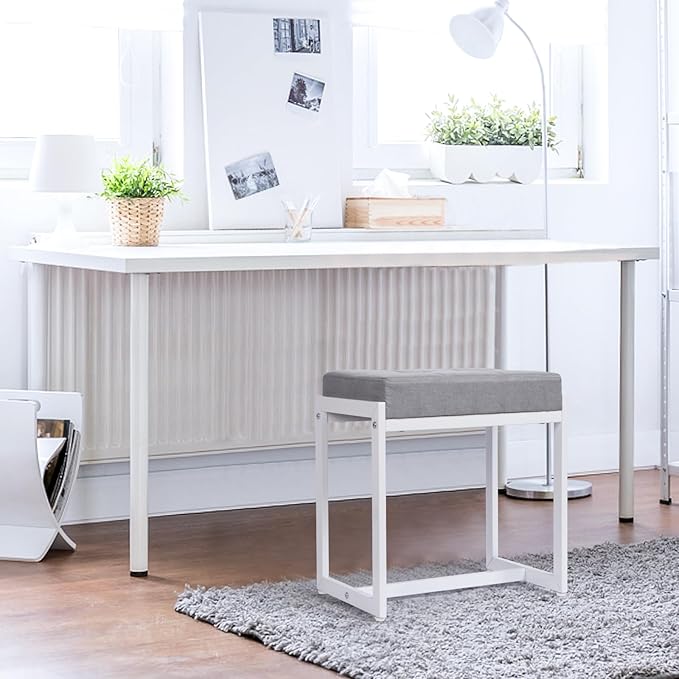 Vanity Stool, Vanity Chair Stools for Makeup Room, Square Linen Makeup Stool for Vanity, Modern Padded Small Ottomans Foot Rest for Bedroom Living Room, Grey & White